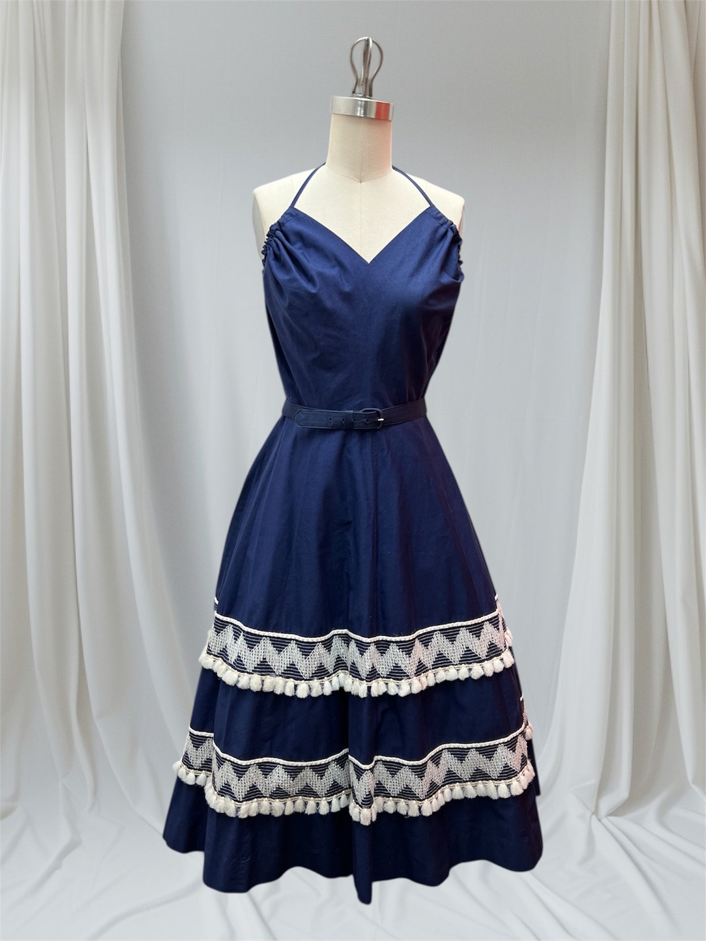 1950's Vintage Royal Blue Justin McCarty Cotton Halter Sun Dress Full Skirt Matching Shawl