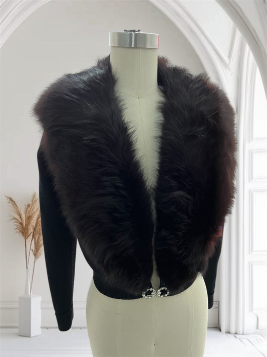 SOLD! 1950 Vintage Deep Black Soft Waist Length Sweater with Full Fox Fur Collar
