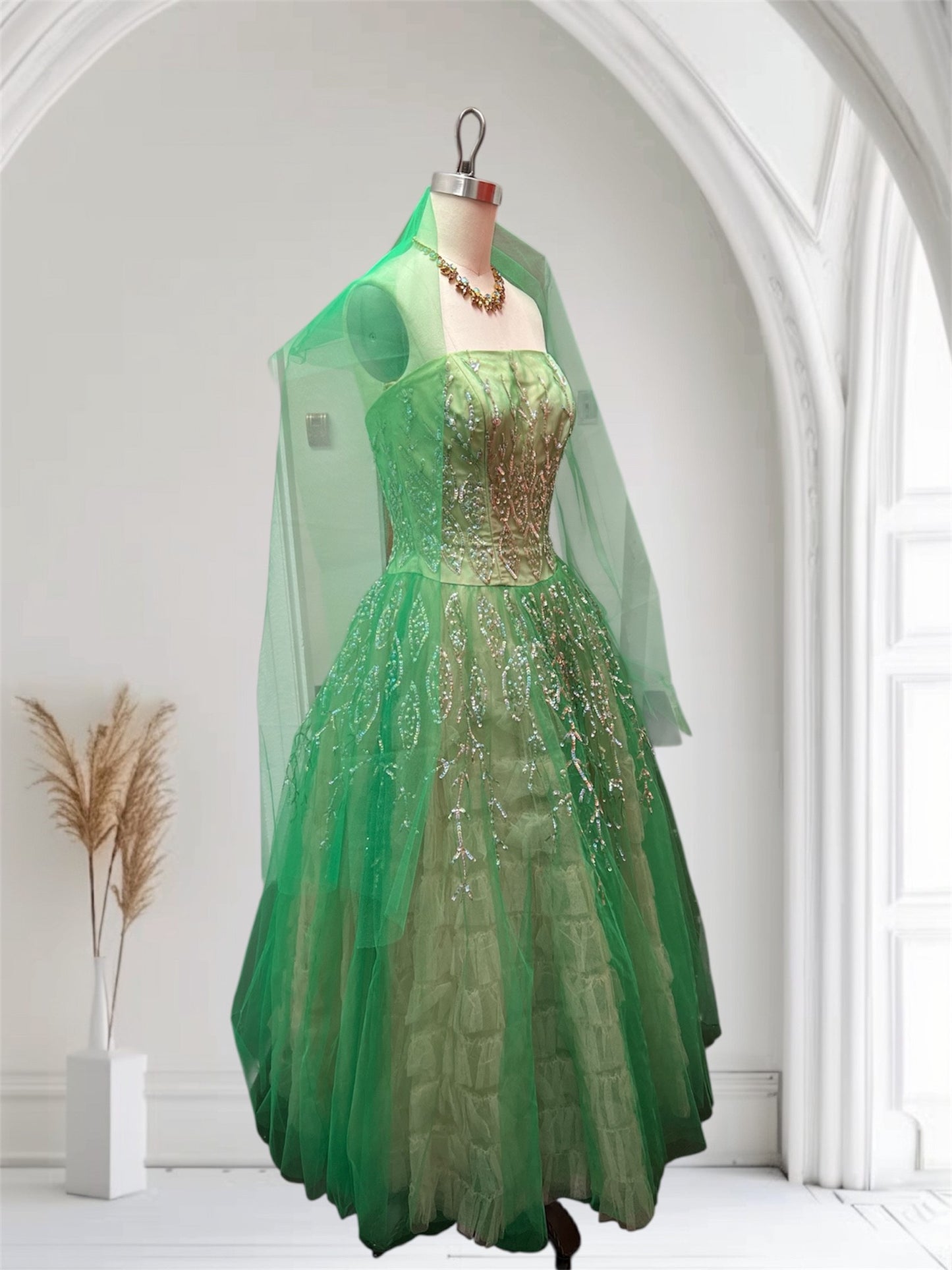 SOLD! 1940 1950 Vintage Bright Lime Green Tulle Party Prom Evening Gown Cup Cake