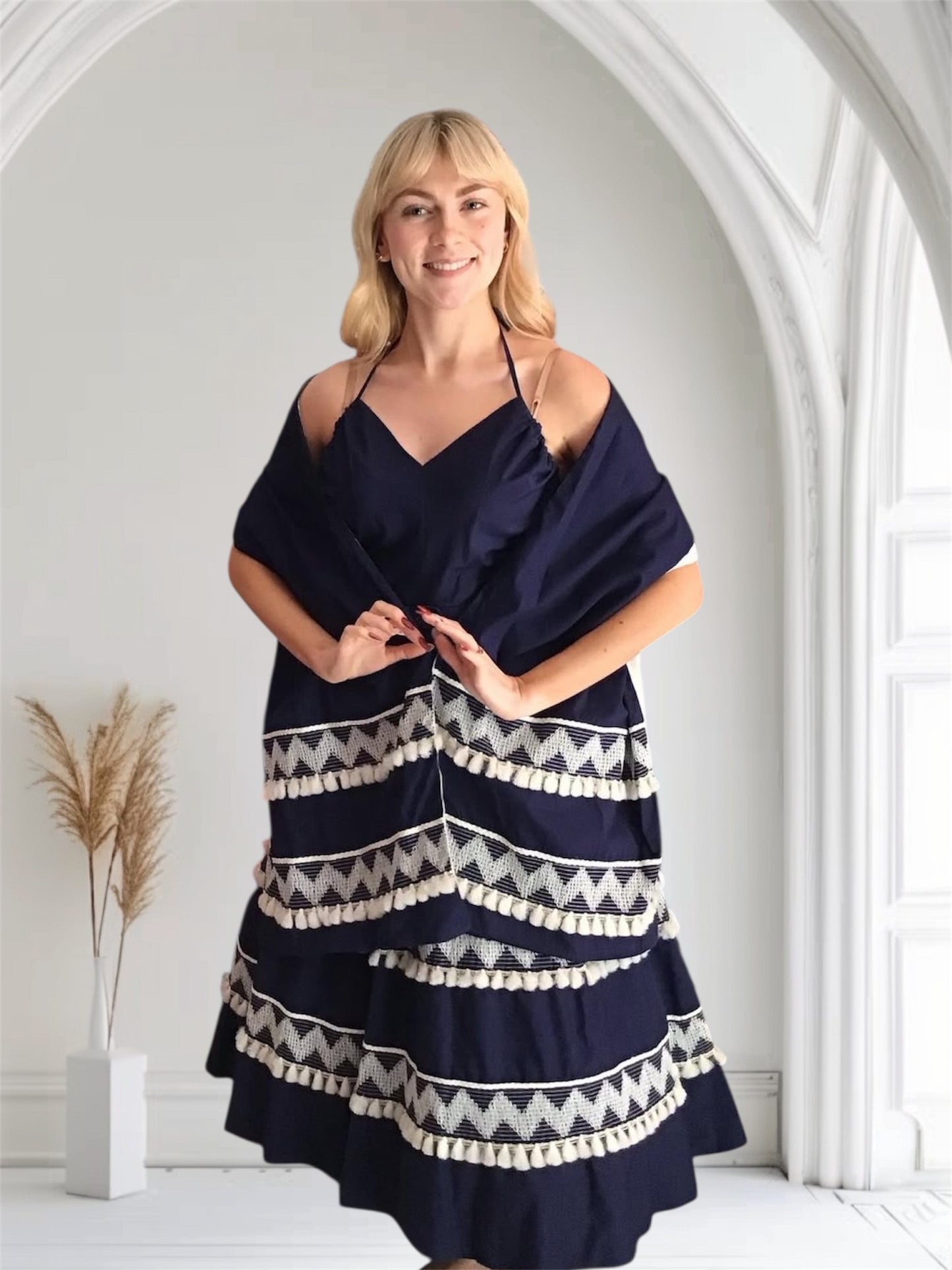 1950's Vintage Royal Blue Justin McCarty Cotton Halter Sun Dress Full Skirt Matching Shawl