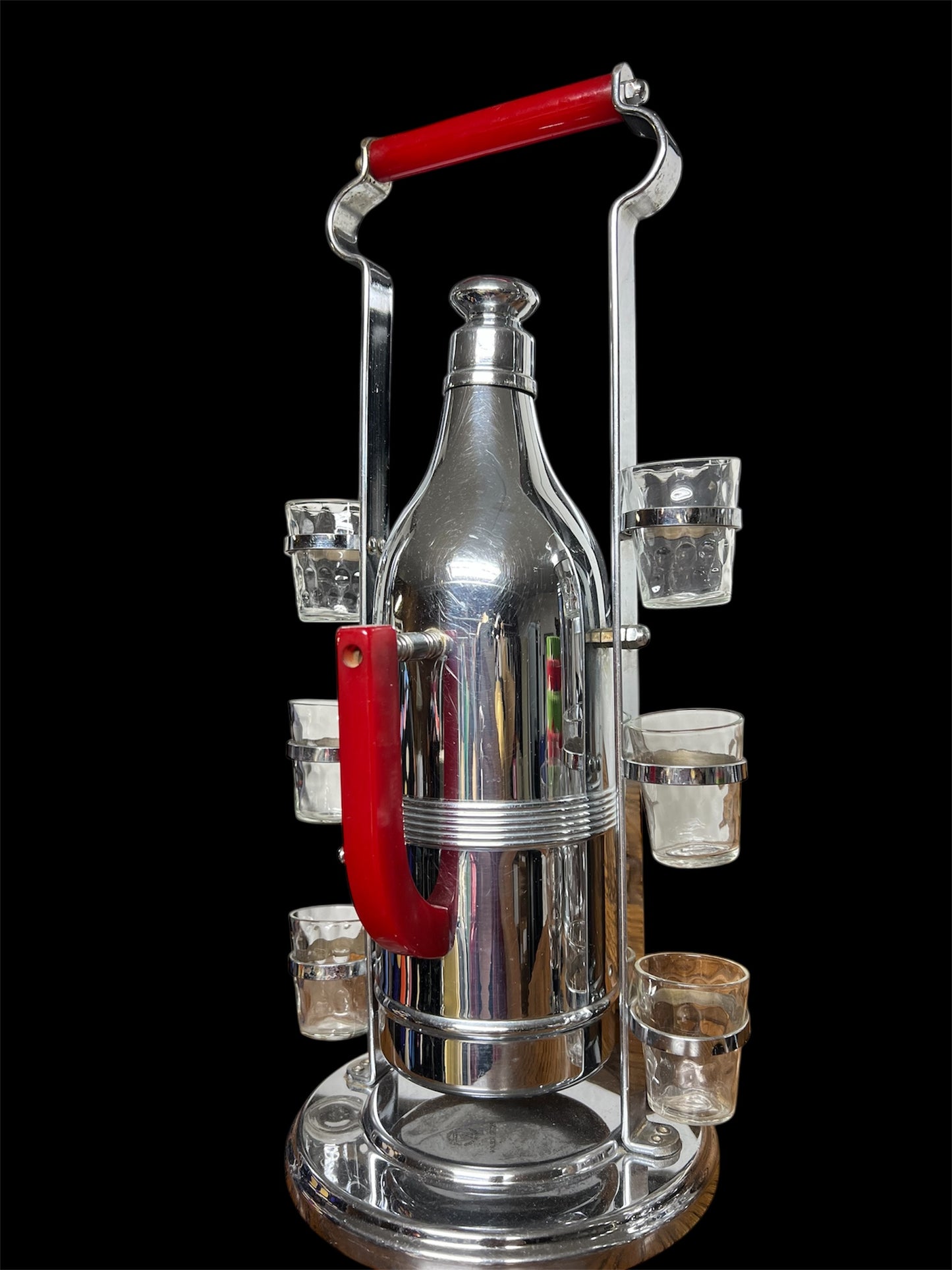 SOLD! 1930 Rare Vintage Art Deco Bakelite Chrome Cocktail Decanter Server with Glasses