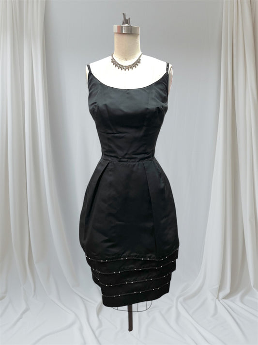 JUST ARRIVED! 1950's Vintage Black Matte Satin Cocktail Wiggle Dress With Rhinestone Accents