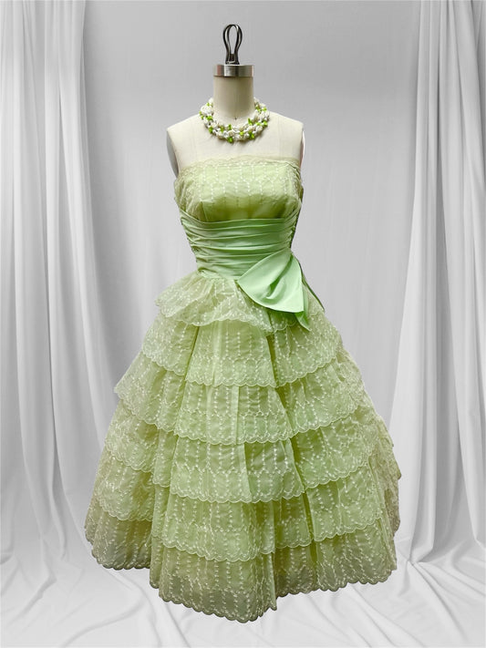 JUST ARRIVED! 1950 Vintage Pastel Seafoam Green Ruffled Party Prom Evening Gown Cup Cake