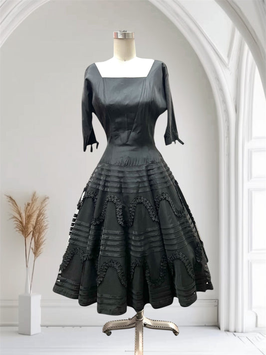 1950's Vintage Deep Rich Color Black Matte Taffeta with Full Embellished Circle Skirt Cocktail Evening Dress