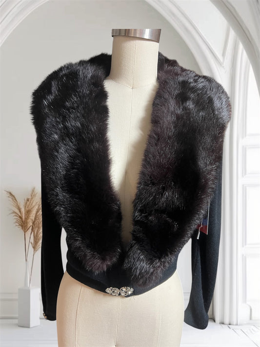 1950 Vintage Deep Black Soft Waist Length Sweater with Full Fox Fur Collar