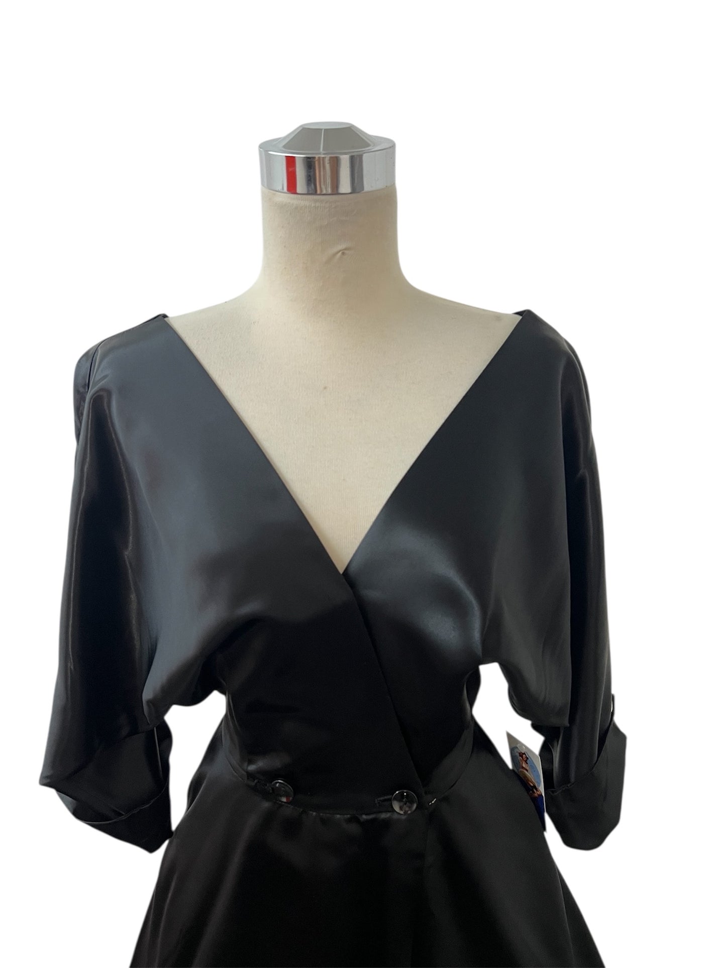1950's Vintage Frederick's Of Hollywood Filmland Creations Black Satin Circle Wrap Dress Excellent