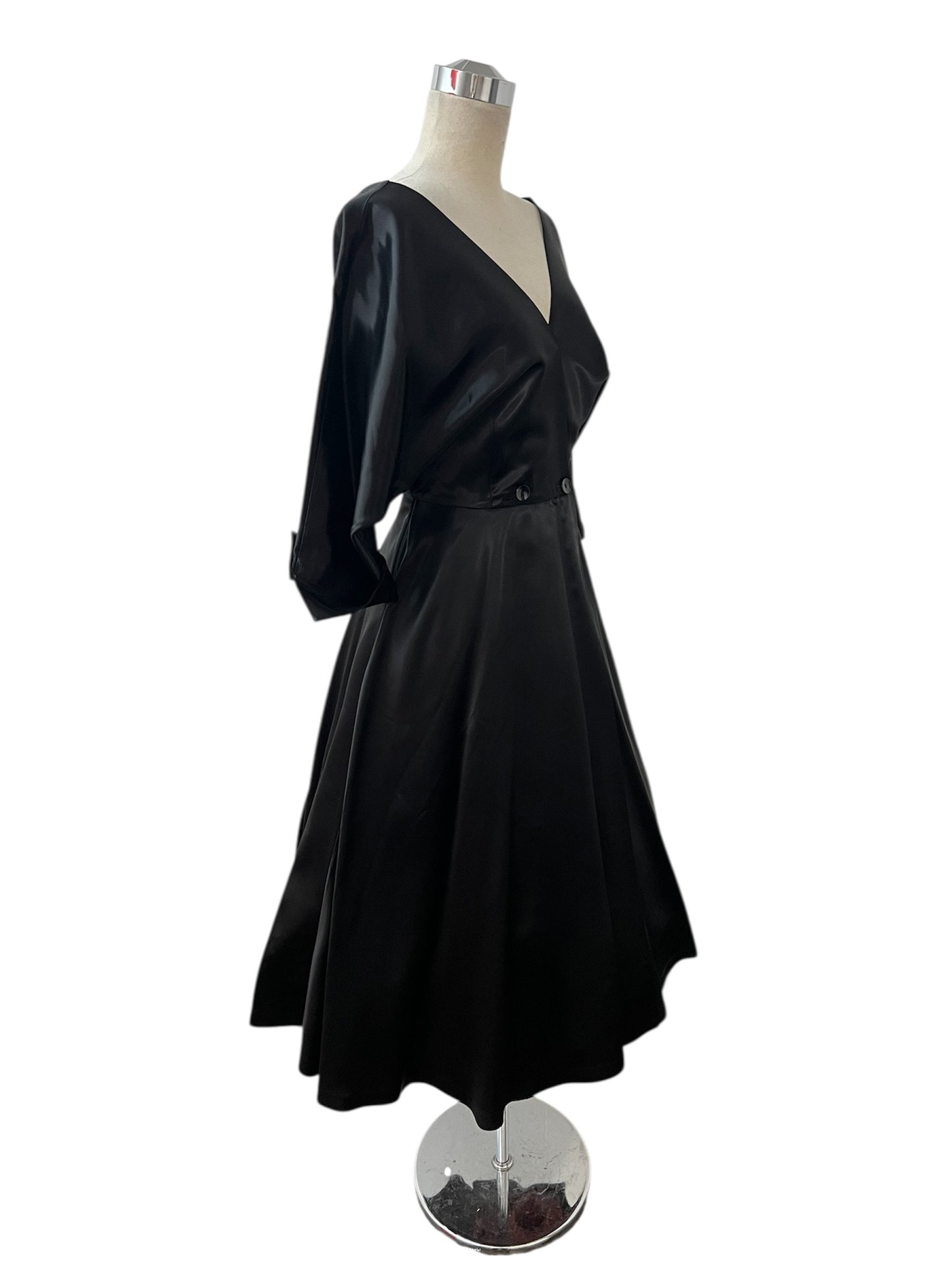 1950's Vintage Frederick's Of Hollywood Filmland Creations Black Satin Circle Wrap Dress Excellent