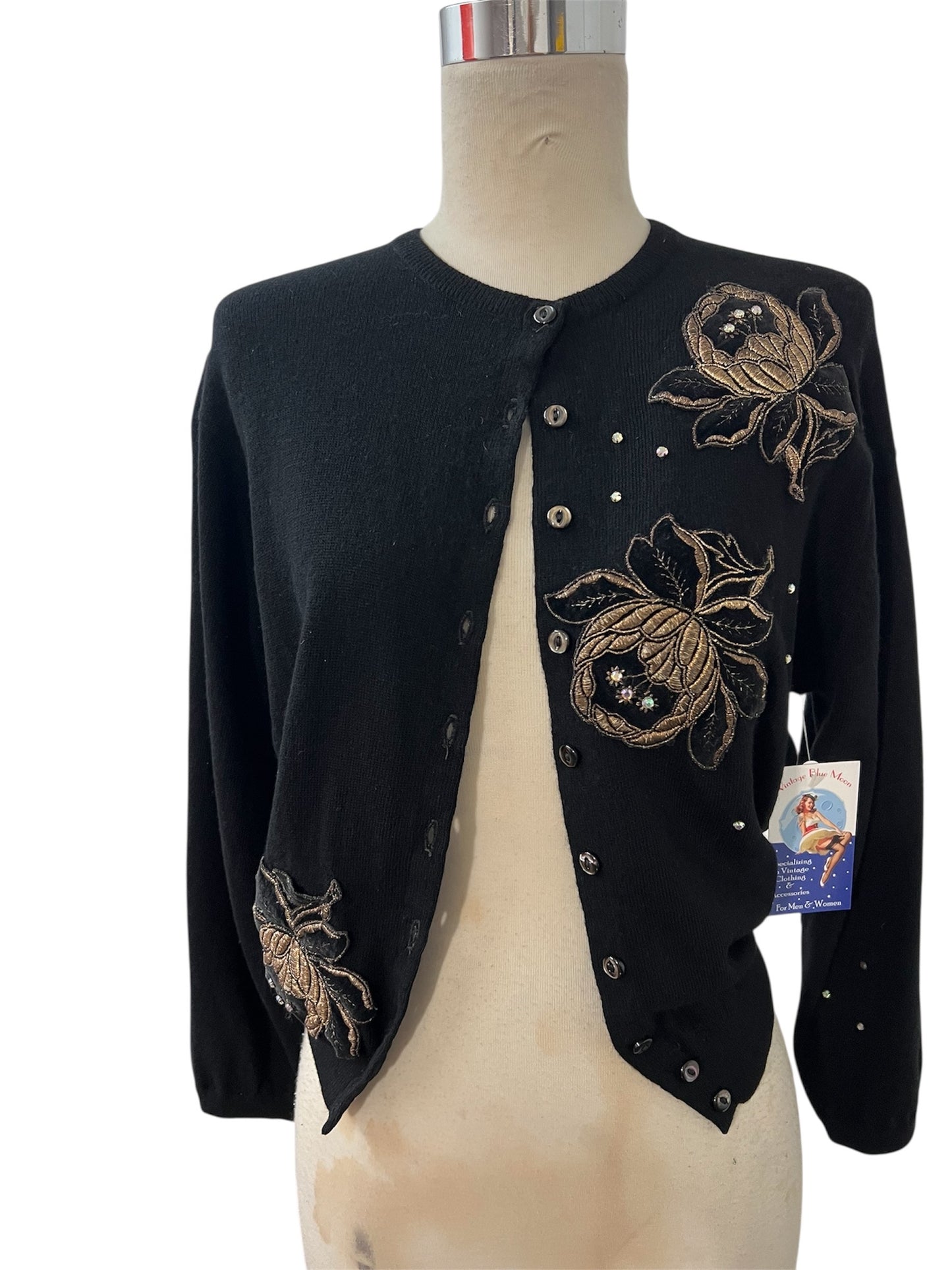 1950 Vintage Black Soft Cashmere Waist Length Sweater with Gold Embordered Roses