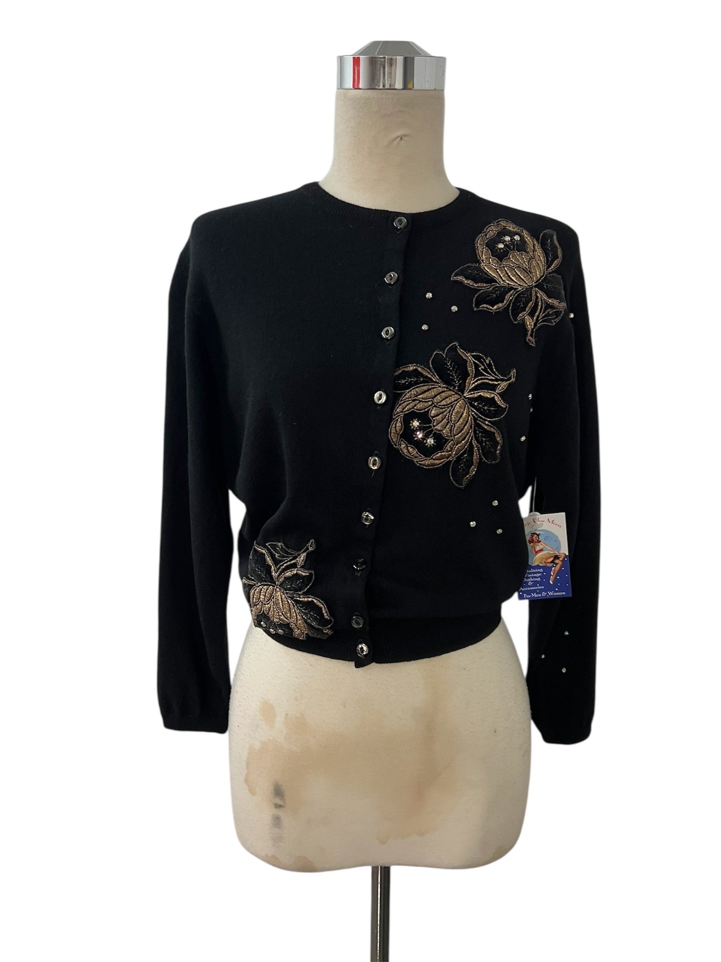 1950 Vintage Black Soft Cashmere Waist Length Sweater with Gold Embordered Roses