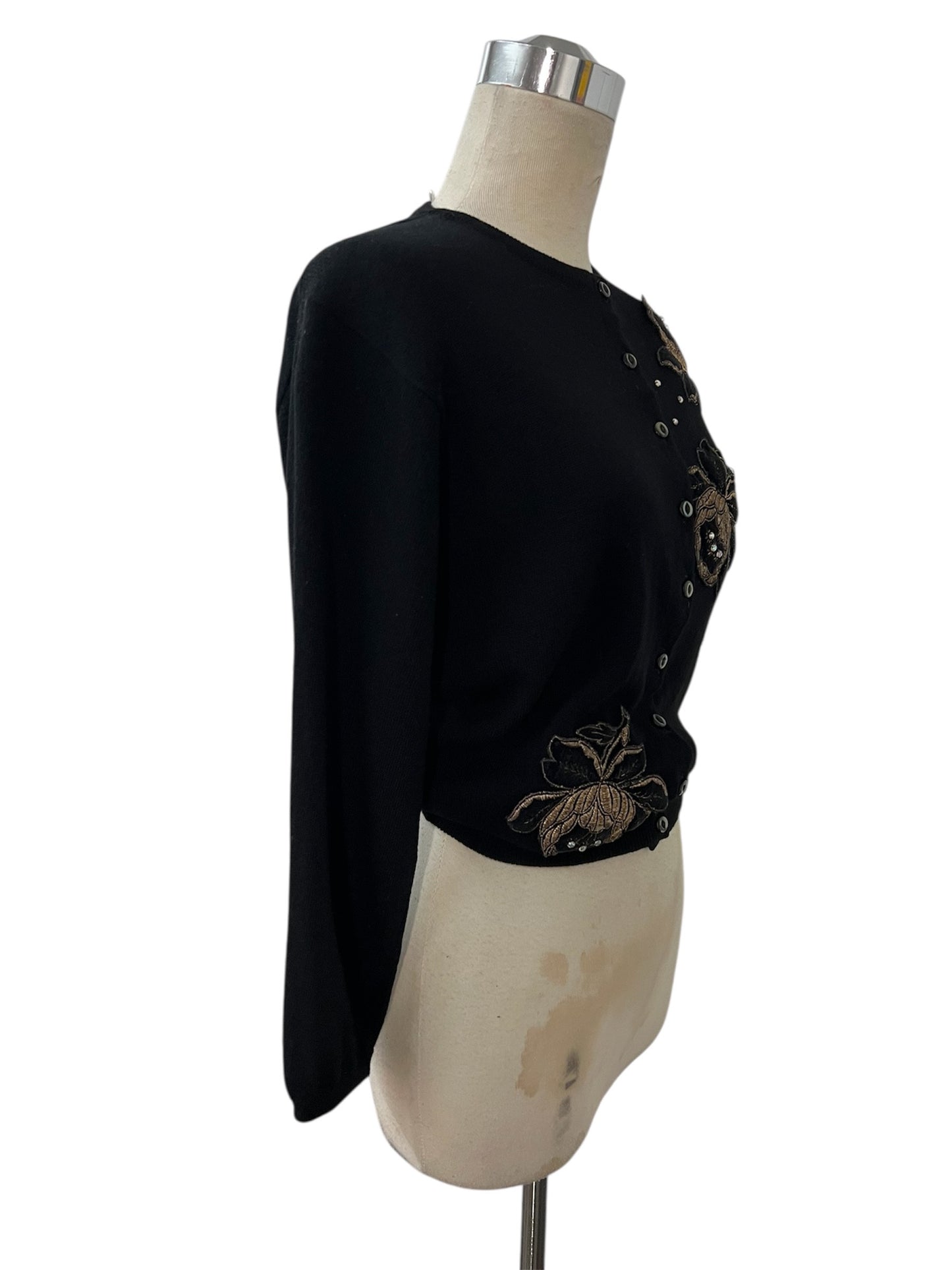 1950 Vintage Black Soft Cashmere Waist Length Sweater with Gold Embordered Roses