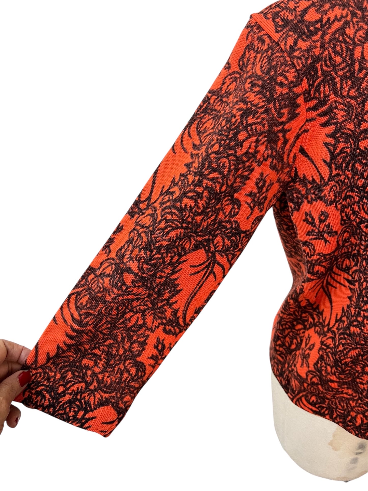 1950 1960 Vintage I. Magnin Waist Length Orange and Black Fall Leaf Sweater