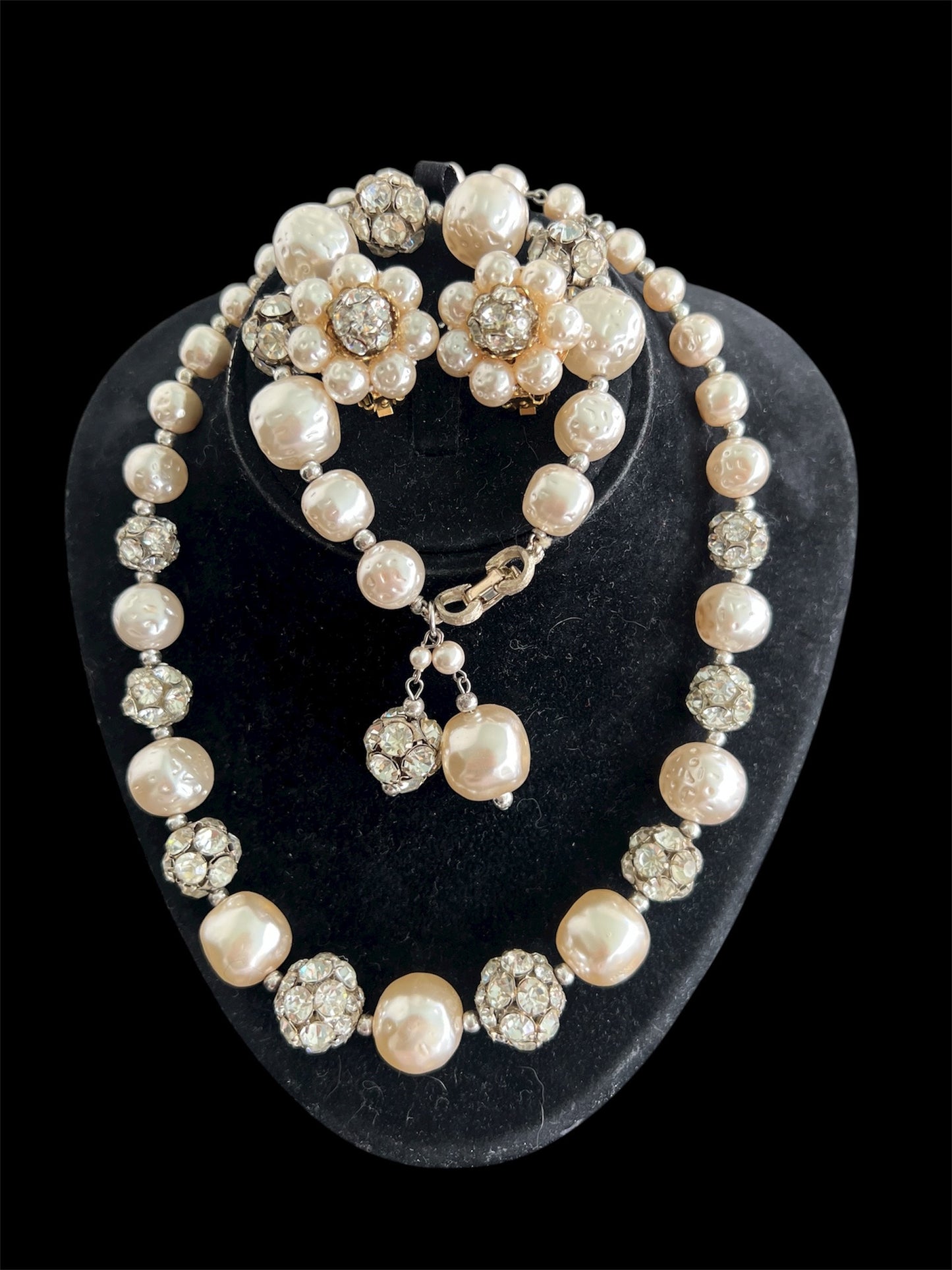 1950 Vintage Rare Louis Rousselet Faux Pearls & Rhinestone Demi Parure Set Necklace Bracelet Earrings Gorgeous Beautiful Perfect