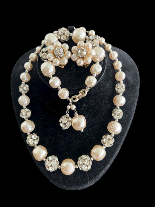 1950 Vintage Rare Louis Rousselet Faux Pearls & Rhinestone Demi Parure Set Necklace Bracelet Earrings Gorgeous Beautiful Perfect