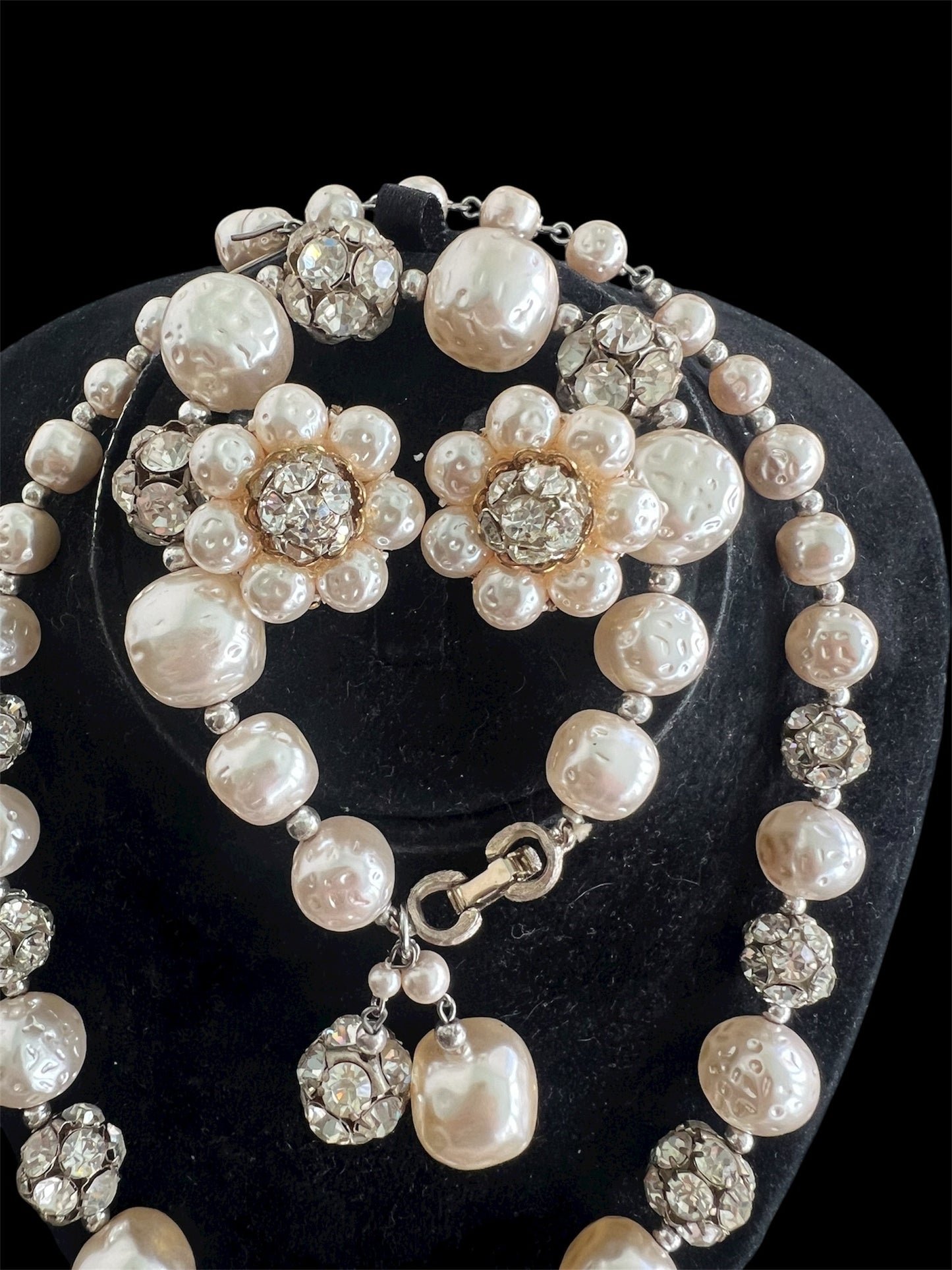 1950 Vintage Rare Louis Rousselet Faux Pearls & Rhinestone Demi Parure Set Necklace Bracelet Earrings Gorgeous Beautiful Perfect