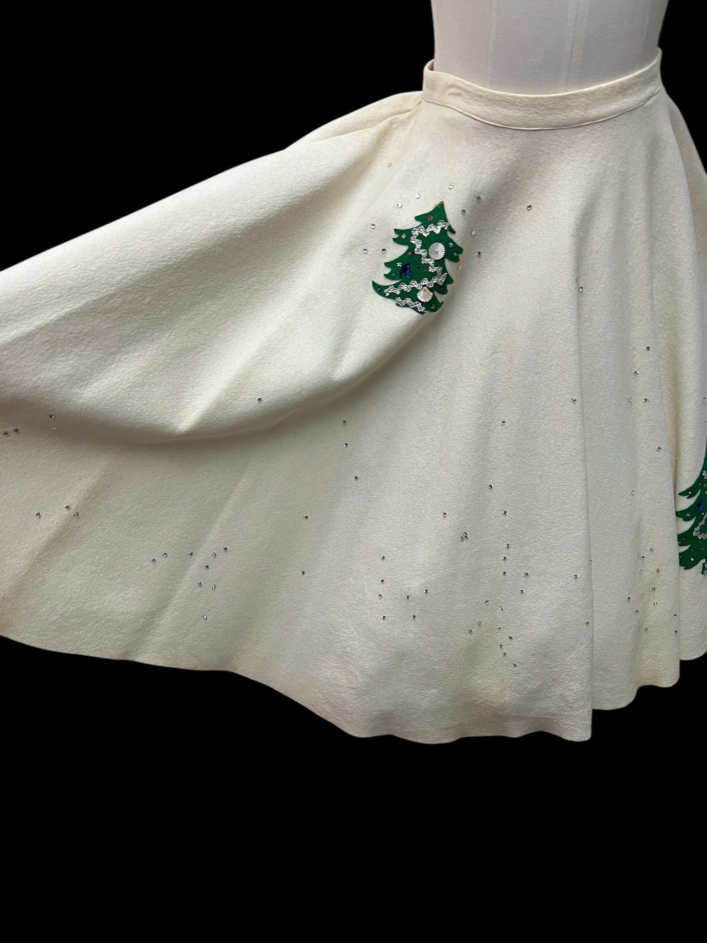 SOLD! 1950's Vintage Christmas Circular Cream Skirt with Xmas Tree Appliques and Rhinestones