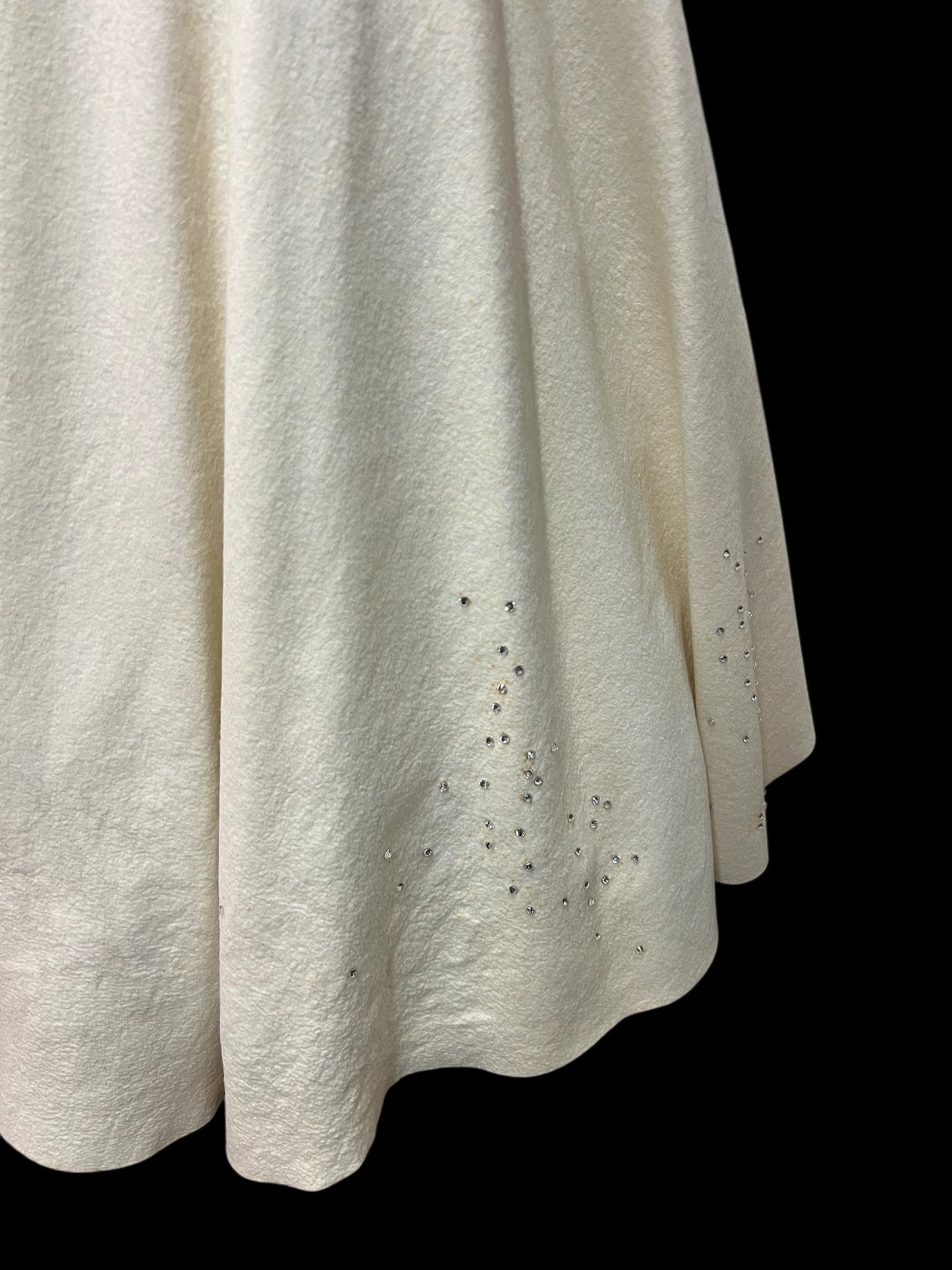 SOLD! 1950's Vintage Christmas Circular Cream Skirt with Xmas Tree Appliques and Rhinestones