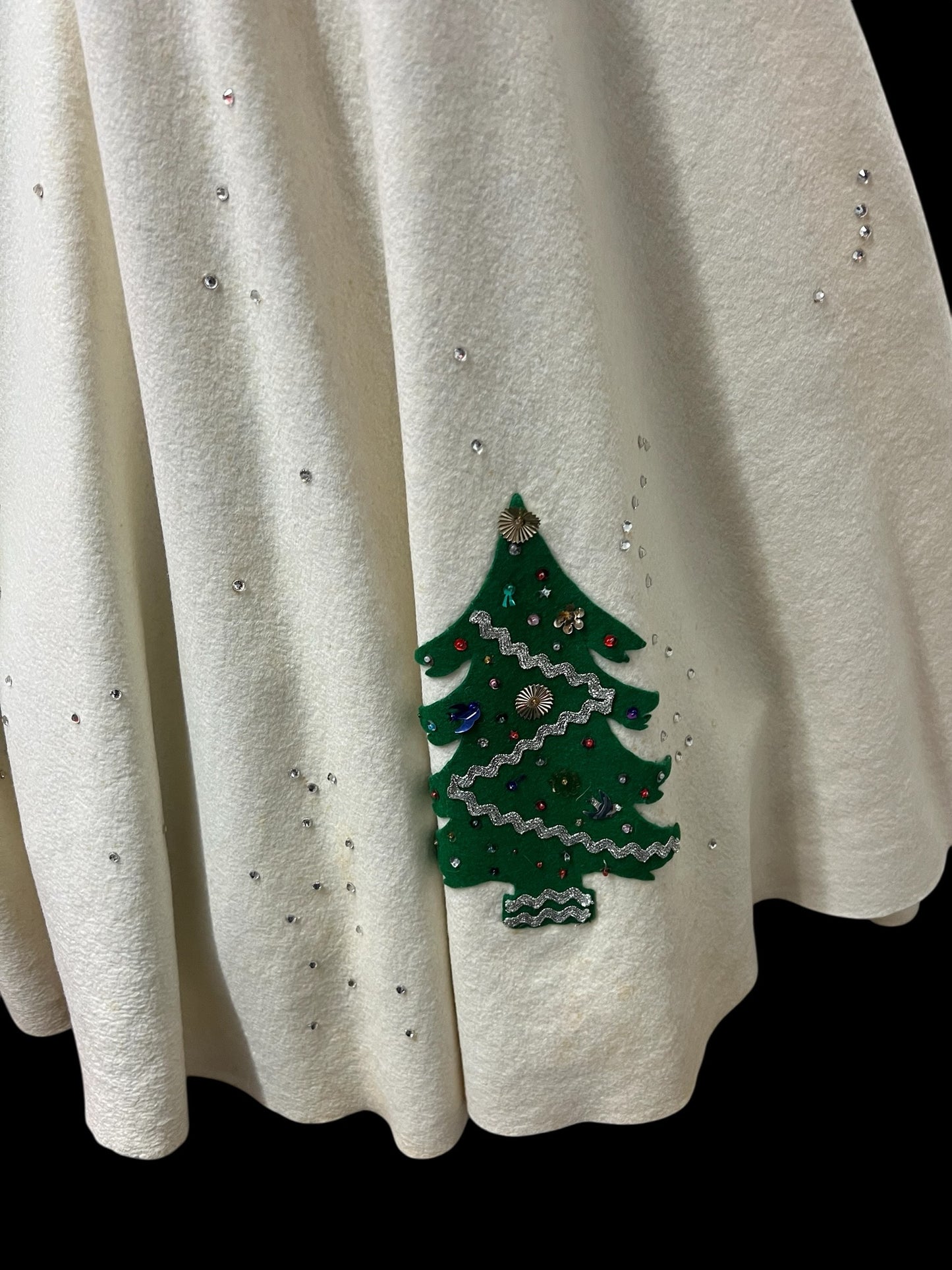 SOLD! 1950's Vintage Christmas Circular Cream Skirt with Xmas Tree Appliques and Rhinestones