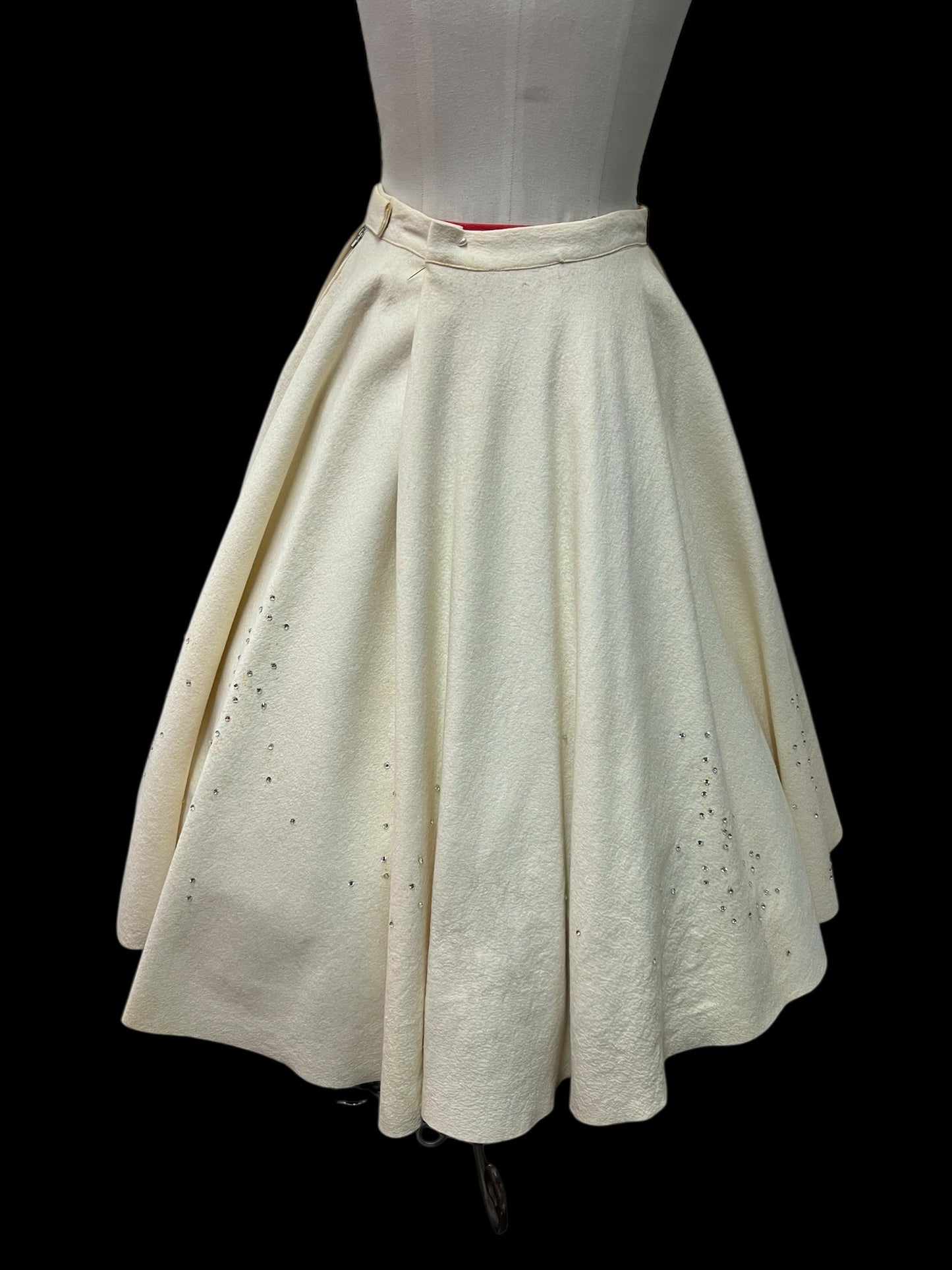 SOLD! 1950's Vintage Christmas Circular Cream Skirt with Xmas Tree Appliques and Rhinestones