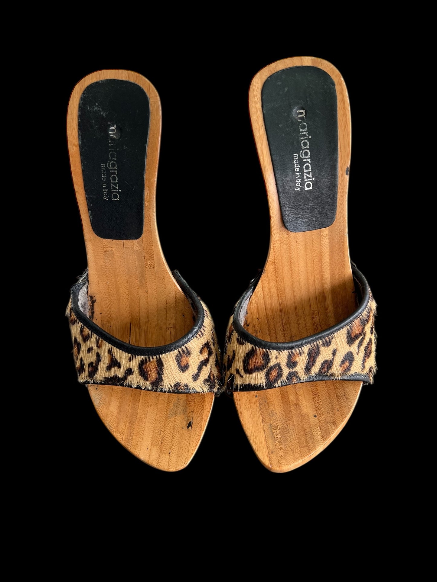 Vintage 1980's Does 60's Size 8M Stilettos Slide Leopard Print Metallic Heels