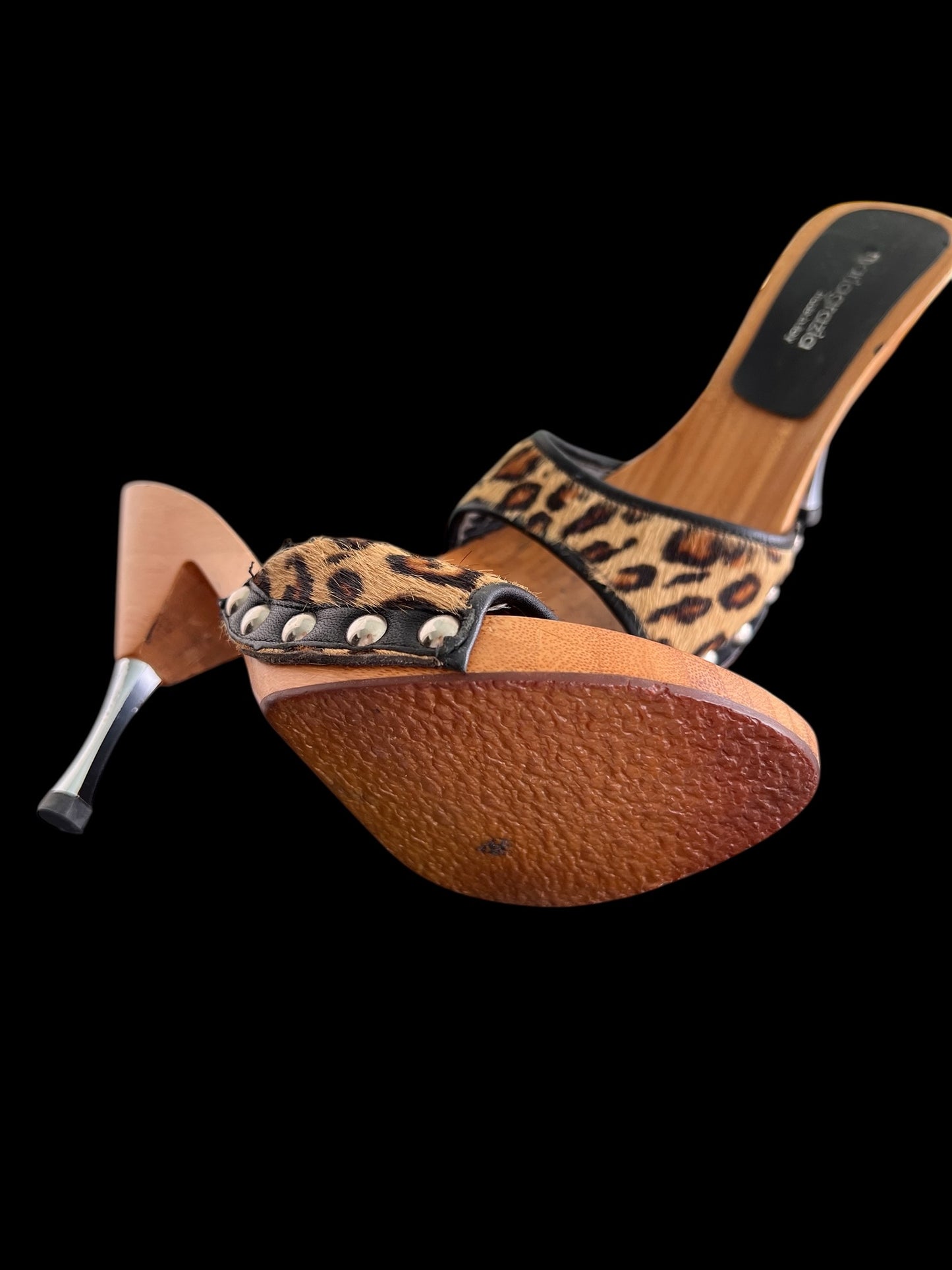 Vintage 1980's Does 60's Size 8M Stilettos Slide Leopard Print Metallic Heels