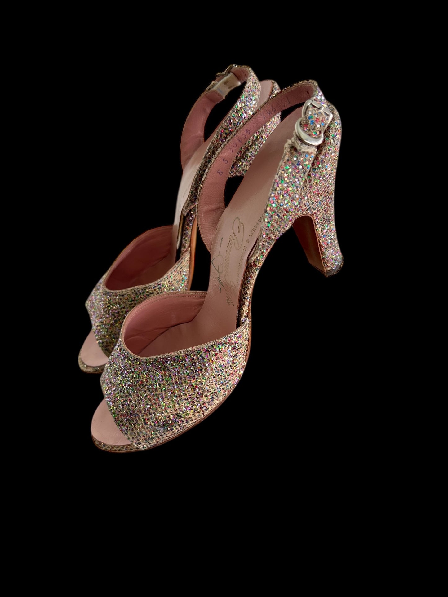 SOLD! Vintage 1950's Size 8 Slingback Pink Glitter Open Toe Heels