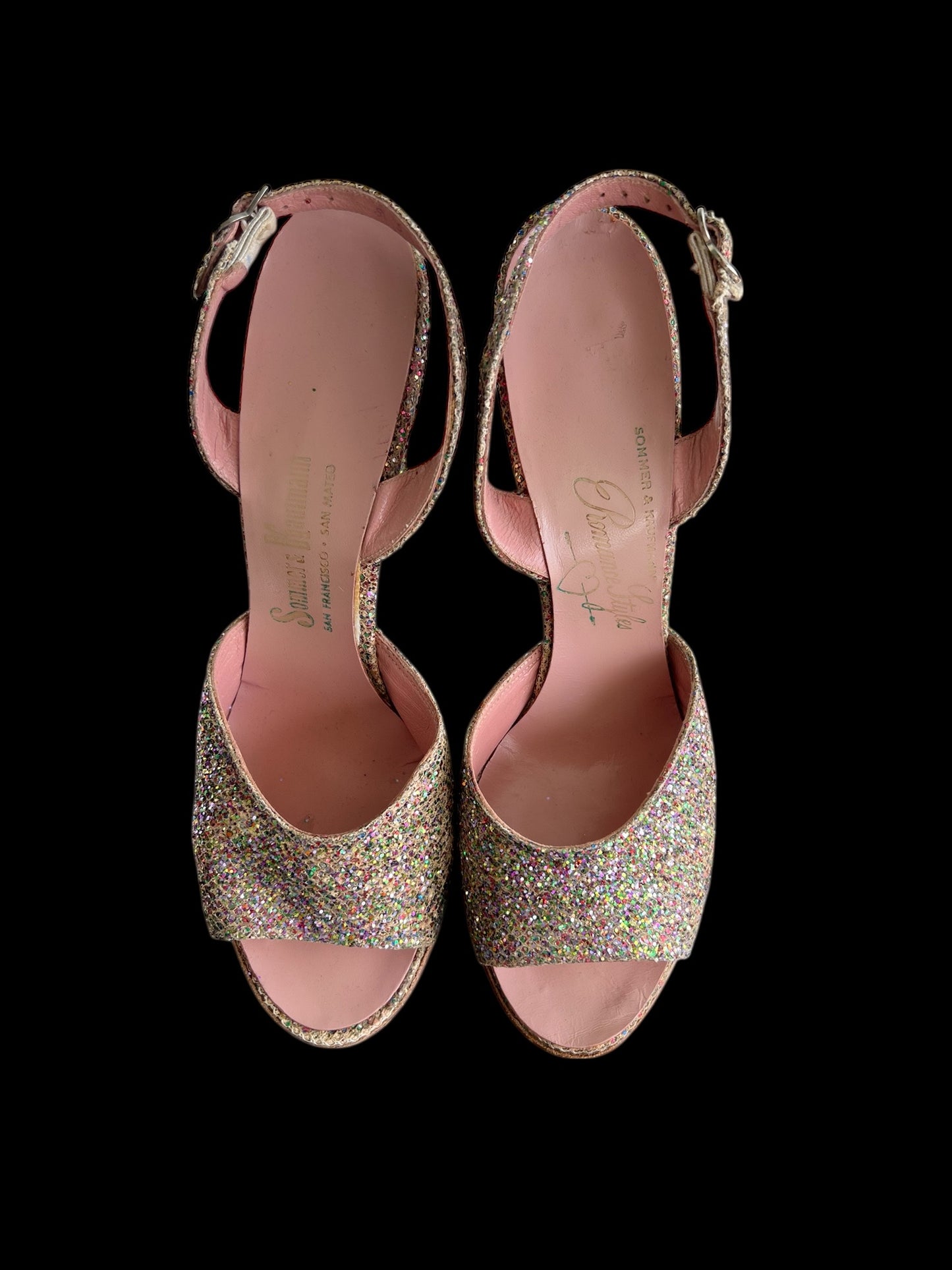 SOLD! Vintage 1950's Size 8 Slingback Pink Glitter Open Toe Heels