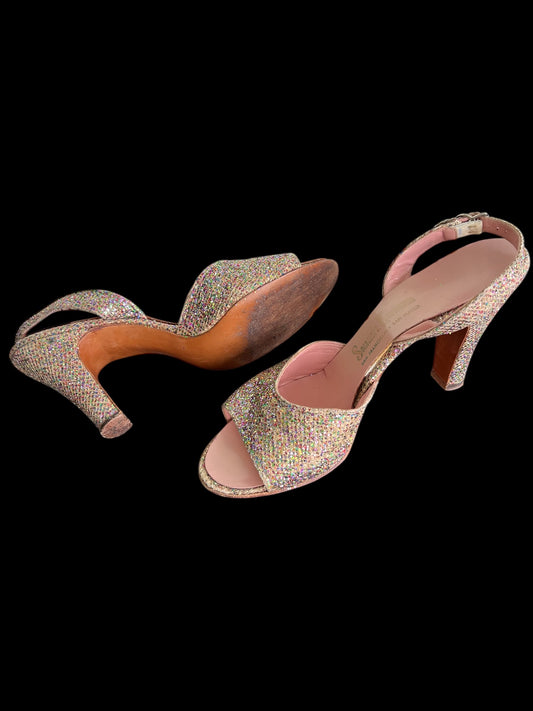 SOLD! Vintage 1950's Size 8 Slingback Pink Glitter Open Toe Heels