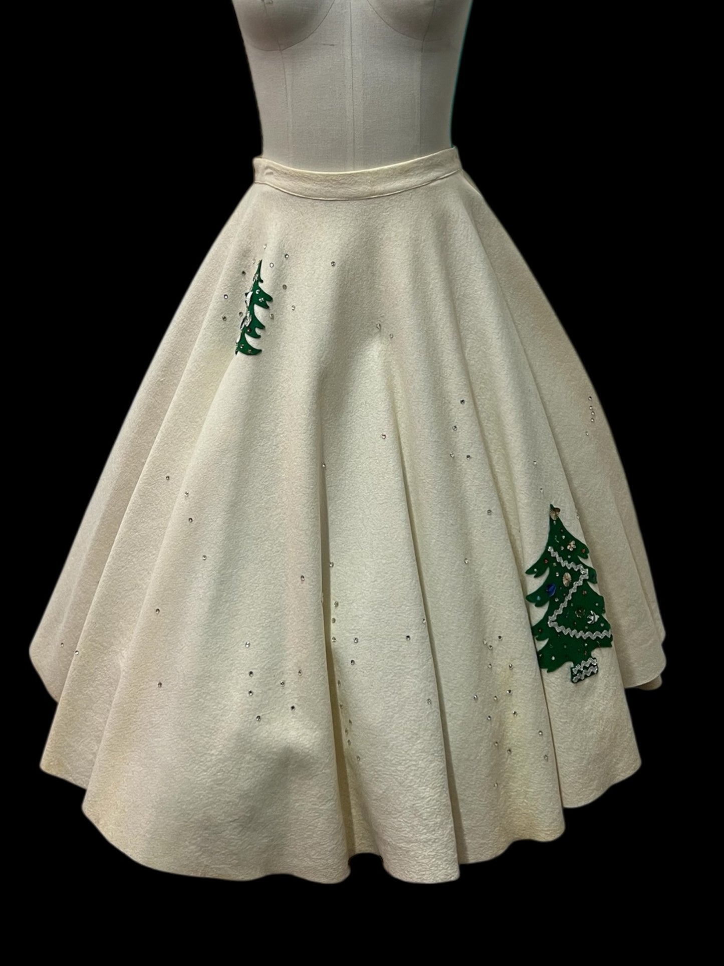 SOLD! 1950's Vintage Christmas Circular Cream Skirt with Xmas Tree Appliques and Rhinestones