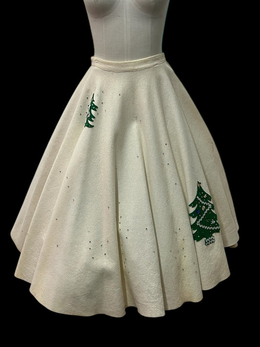 SOLD! 1950's Vintage Christmas Circular Cream Skirt with Xmas Tree Appliques and Rhinestones