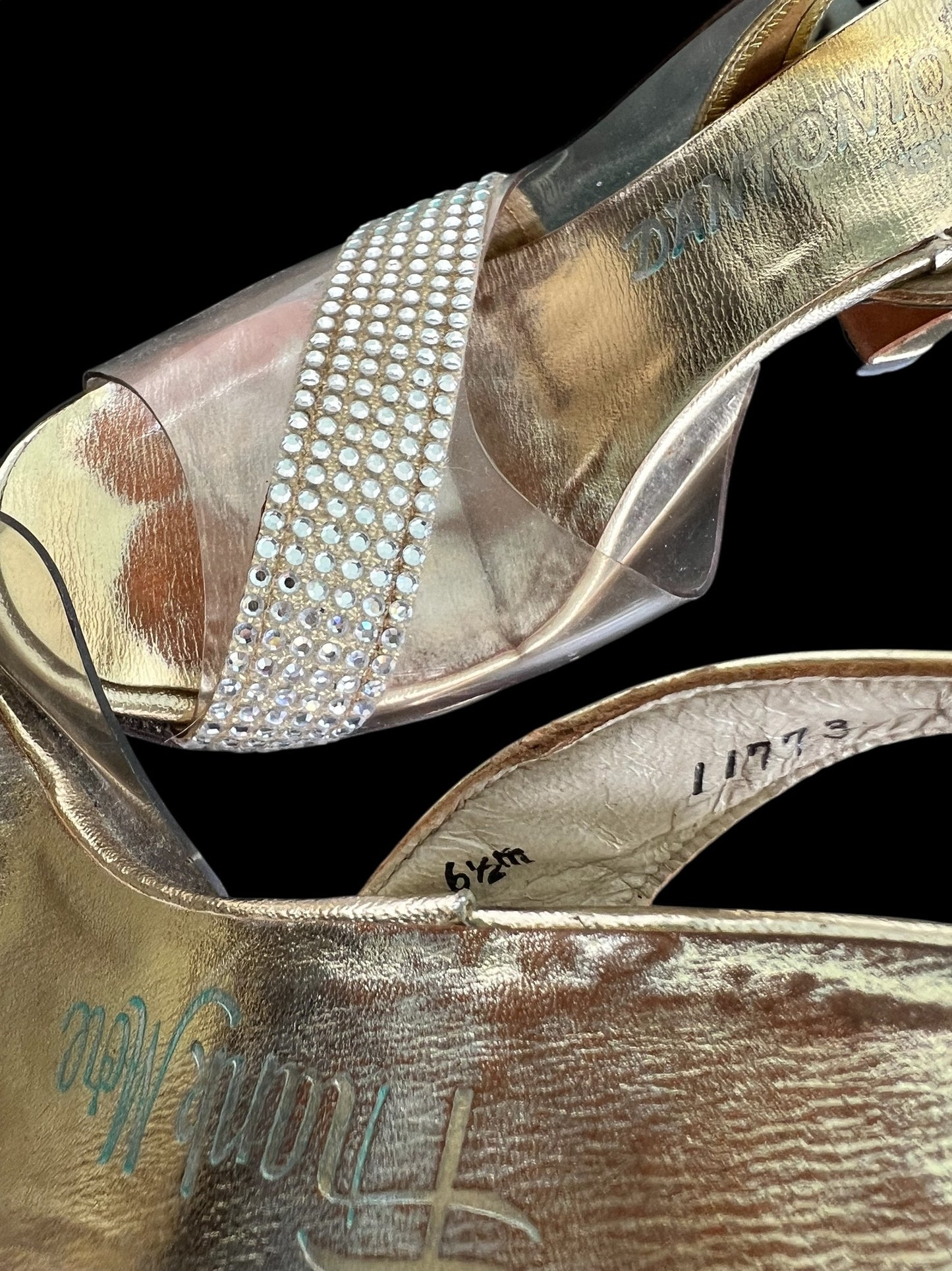 Vintage 1950's Size 6 1/2M Slingback Gold Rhinestone Open Toe Heels