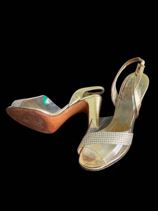 Vintage 1950's Size 6 1/2M Slingback Gold Rhinestone Open Toe Heels