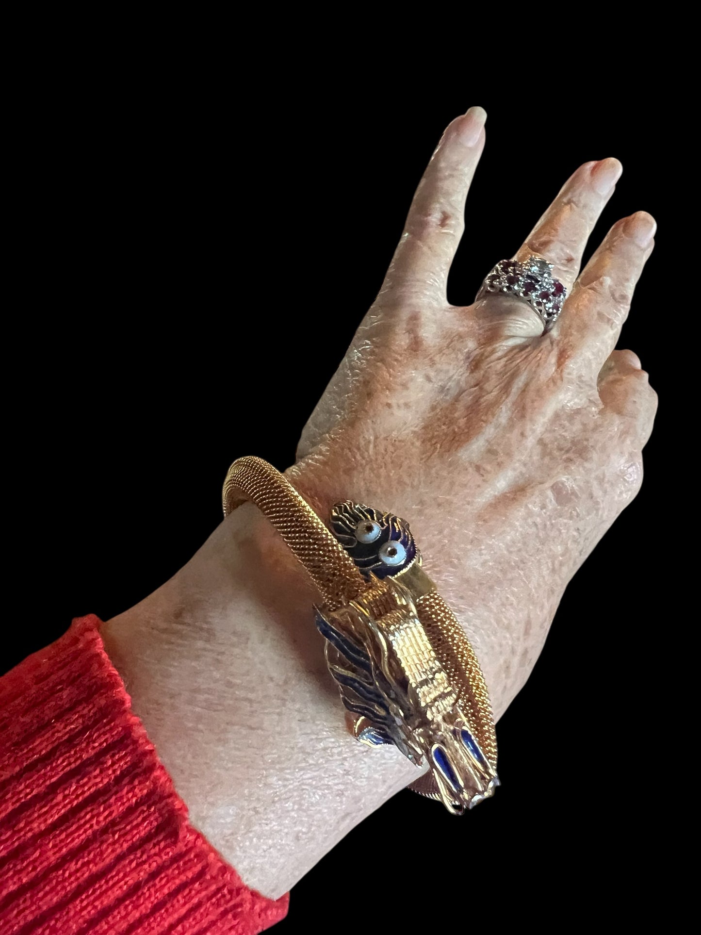 Rare Antique Chinese Gold Gilt Sterling Cloisonne Enamel Dragon Bangle