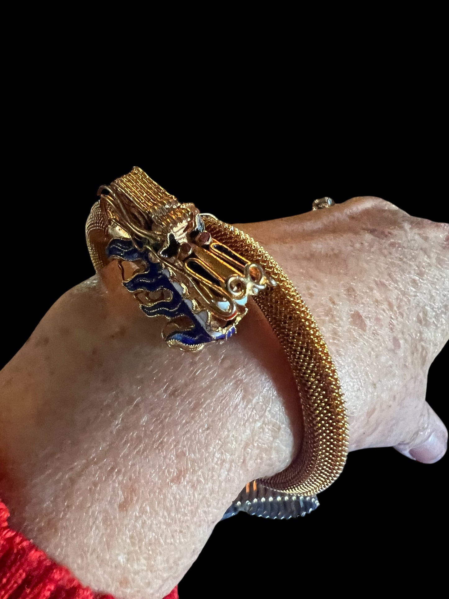 Rare Antique Chinese Gold Gilt Sterling Cloisonne Enamel Dragon Bangle
