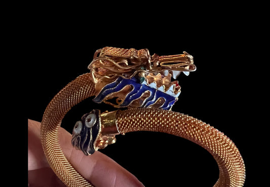Rare Antique Chinese Gold Gilt Sterling Cloisonne Enamel Dragon Bangle