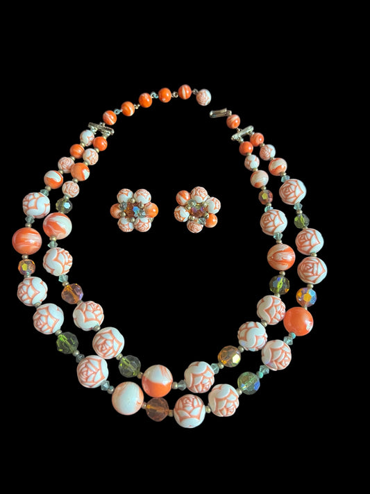 1950's 60's Vintage Possibly Coro or Trifari Necklace and Earring Set Gorgeous Coral and White