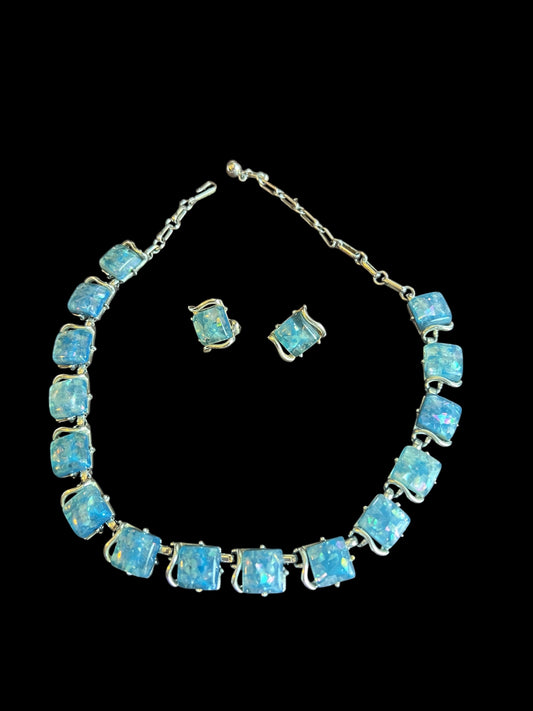 1950's 60's Vintage Coro Opalescent Blue Necklace and Earring Set Gorgeous Perfect