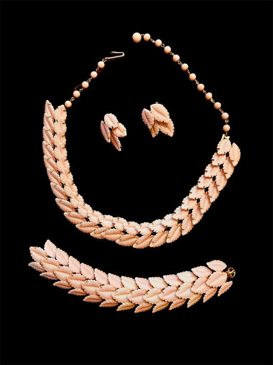 1950 Vintage Pink Leaf Possibly Coro Full Suite Necklace Earrings and Bracelet Set Gorgeous Beautiful