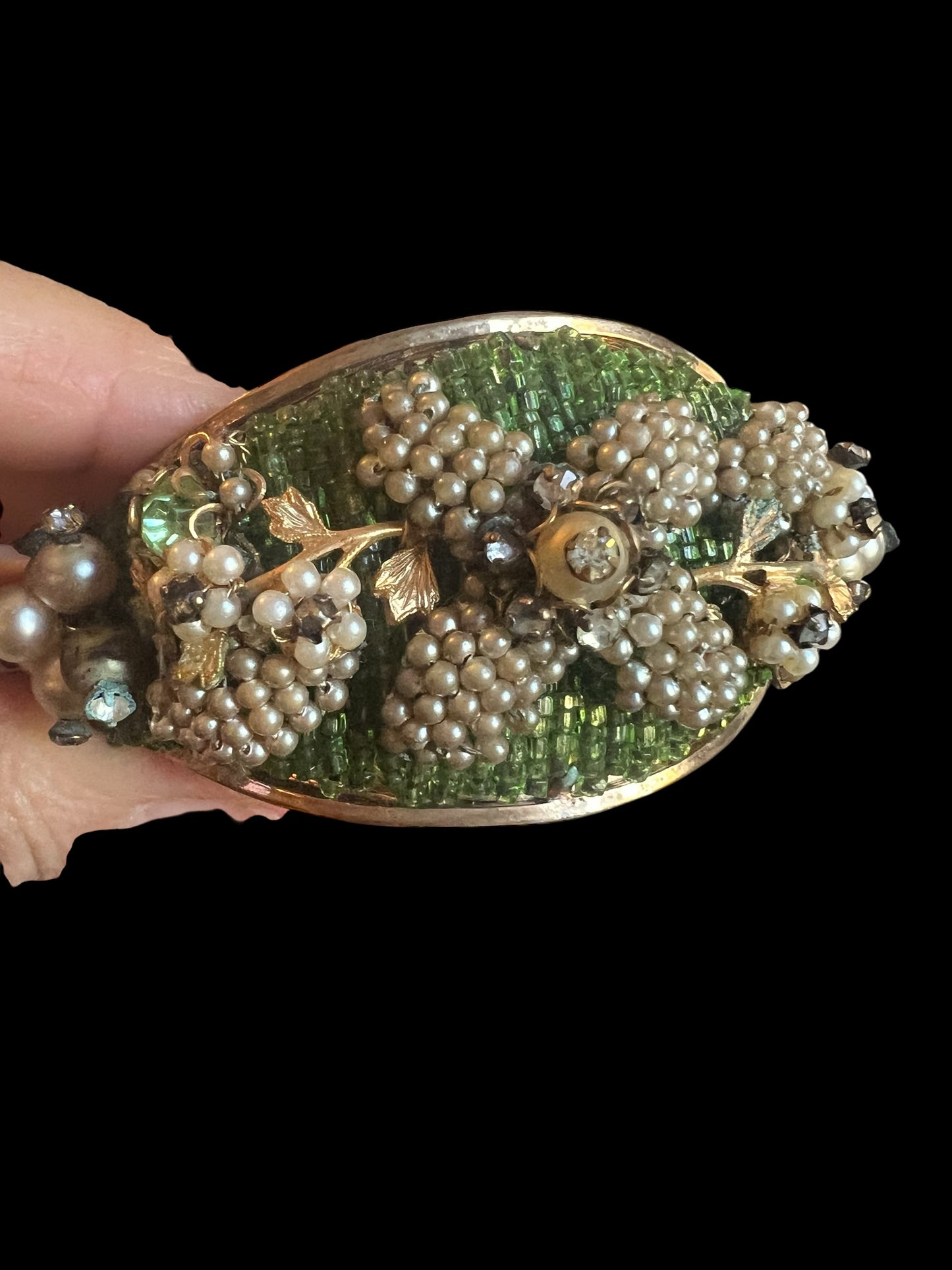Mid 20th Century Vintage Rare DeMario-Hagler Green Glass Beads Faux Pearls Rhinestones Bracelet Gorgeous