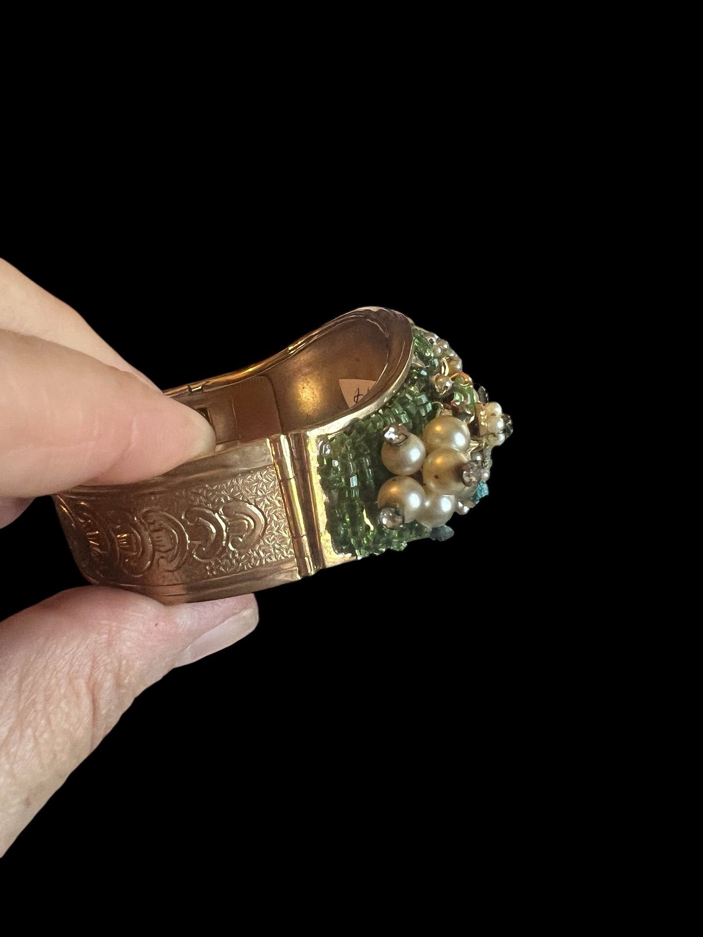Mid 20th Century Vintage Rare DeMario-Hagler Green Glass Beads Faux Pearls Rhinestones Bracelet Gorgeous
