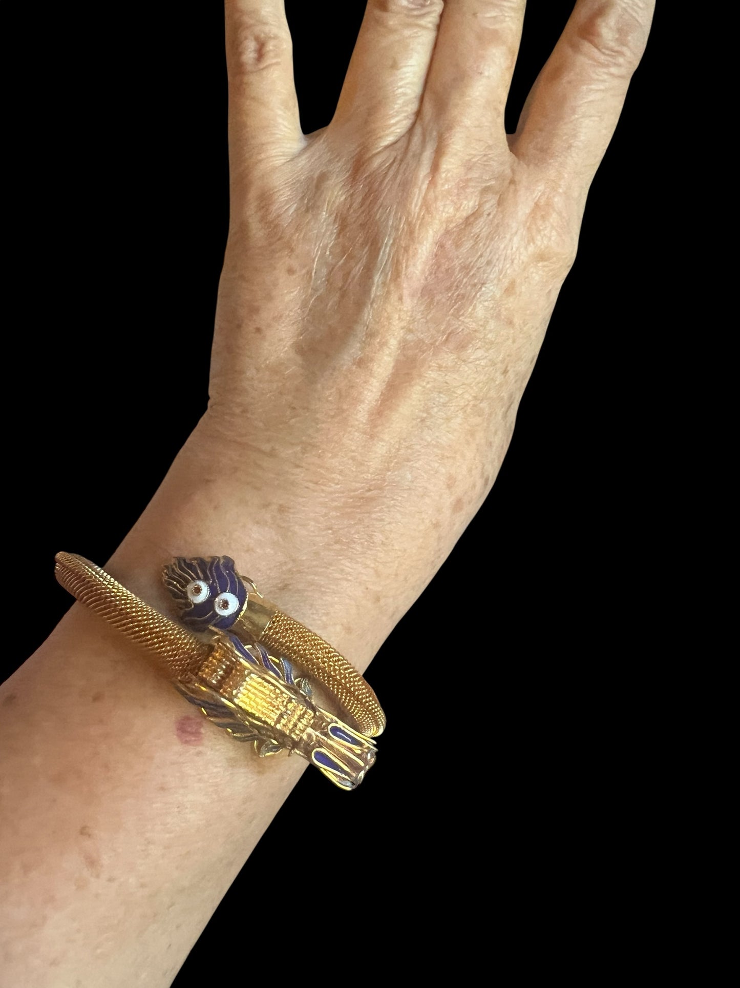 Rare Antique Chinese Gold Gilt Sterling Cloisonne Enamel Dragon Bangle