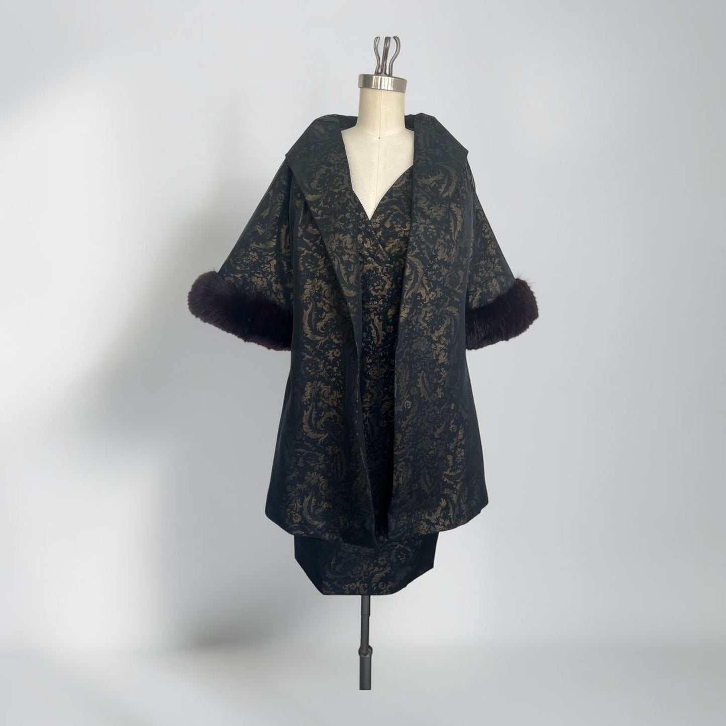 1950 - 1960 Vintage Black & Gold Sheer Over Jacquard 2 Pc Evening Cocktail Shelf Bust Wiggle Dress Matching Swing Coat