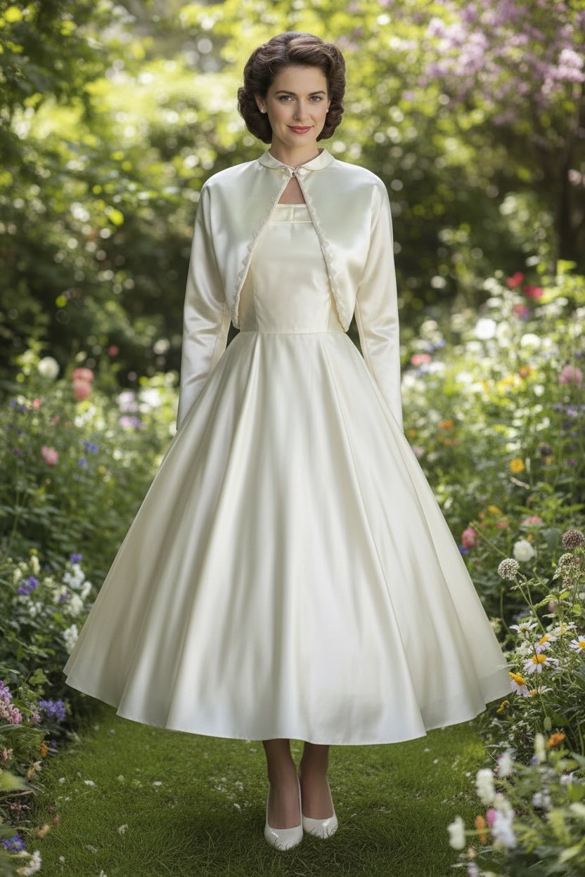1940's 1950's Wedding Dress Creamy White Satin With Beaded Trim Bolero Gorgeous