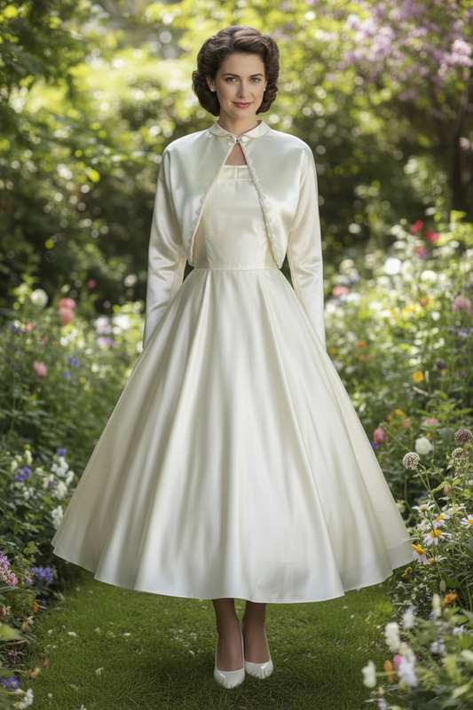 1940's 1950's Wedding Dress Creamy White Satin With Beaded Trim Bolero Gorgeous