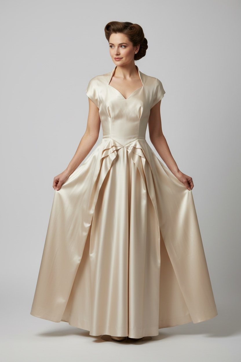 1940's Wedding Gown Creamy Champagne White Satin Pleated Front Gorgeous