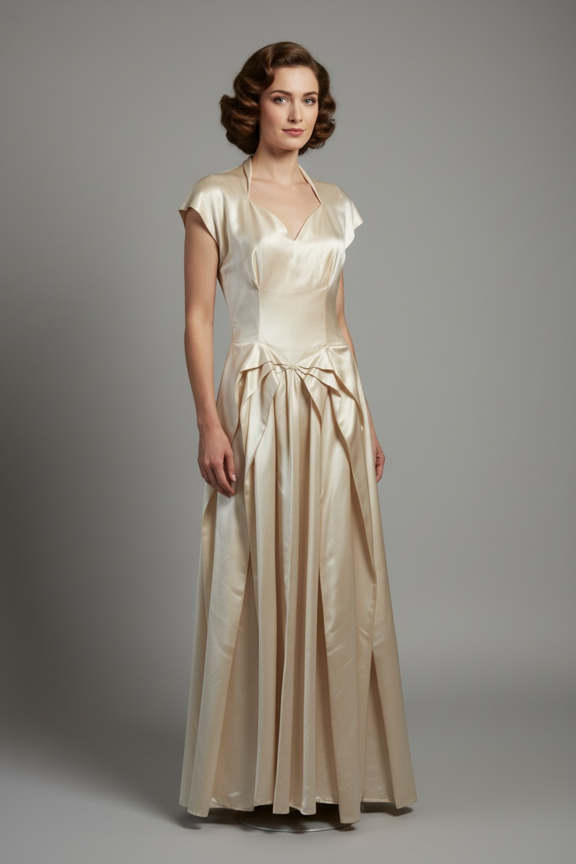 1940's Wedding Gown Creamy Champagne White Satin Pleated Front Gorgeous
