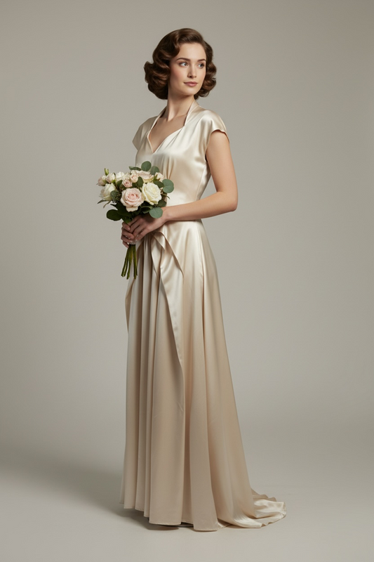 1940's Wedding Gown Creamy Champagne White Satin Pleated Front Gorgeous