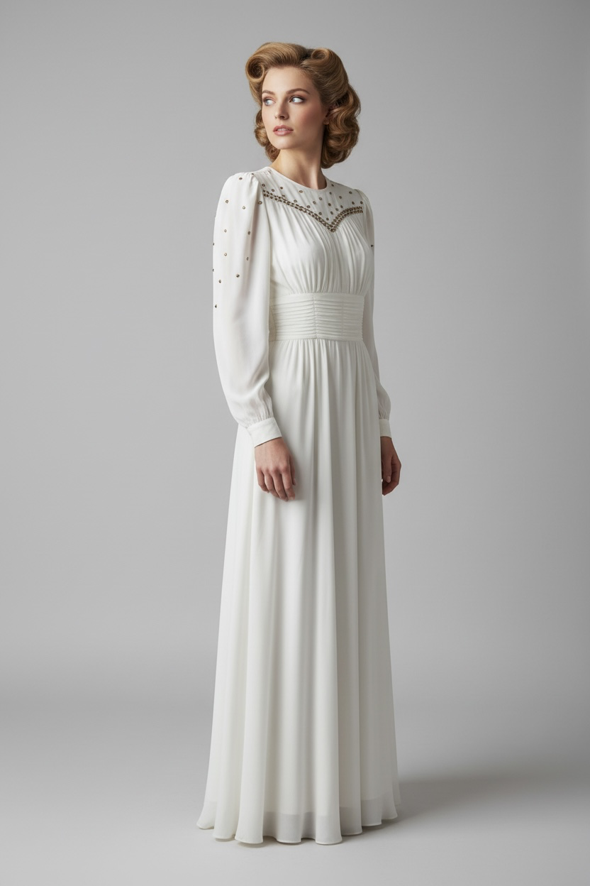 1940's Wedding Evening Flowing Gown Creamy White Chiffon Sequins Front & Back Gorgeous