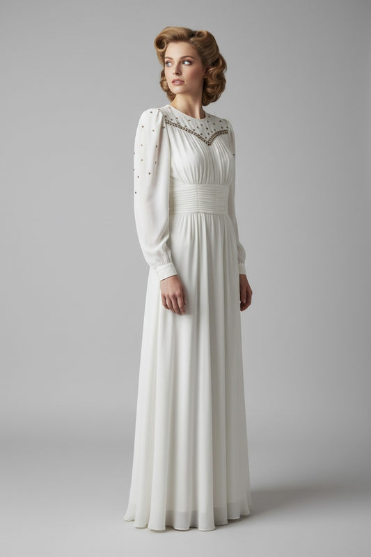 1940's Wedding Evening Flowing Gown Creamy White Chiffon Sequins Front & Back Gorgeous
