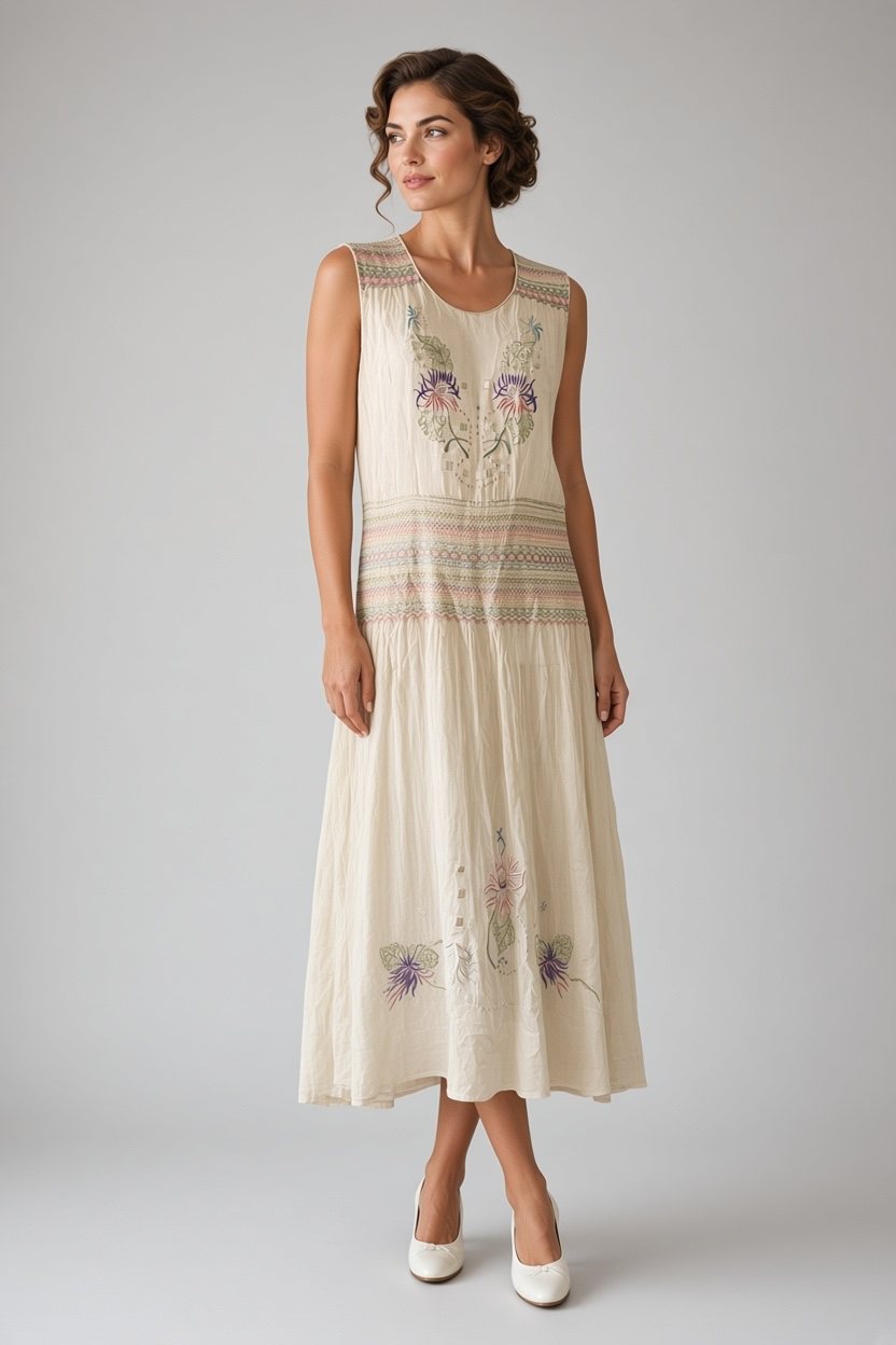 1920 1930 Vintage Antique Hungarian Hand Embroidered Pale Sheer Yellow Dress Perfect