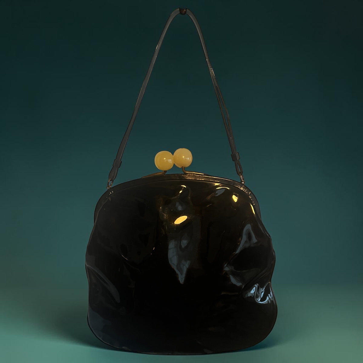 1950's Black Patent Leather Coronet Large Purse Lucite Circular Closures & Double Handle Straps